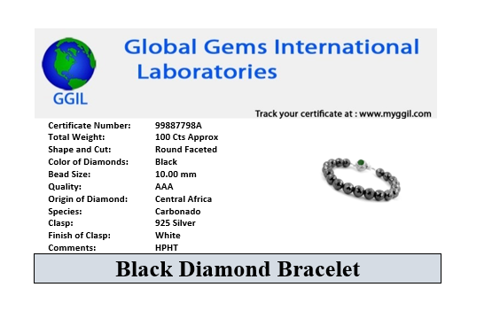 10 mm Black Diamond Beads with Emerald Gemstone Silver Clasp Bracelet. AAA Certified! Great Shine & Amazing Look - ZeeDiamonds