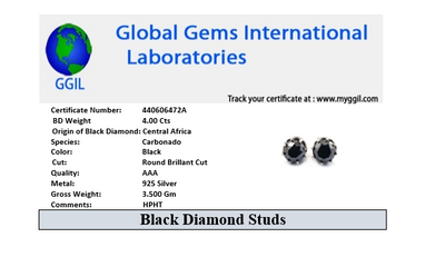 4 Ct AAA Certified Black Diamond Solitaire Studs in 925 Silver, Great Shine - ZeeDiamonds