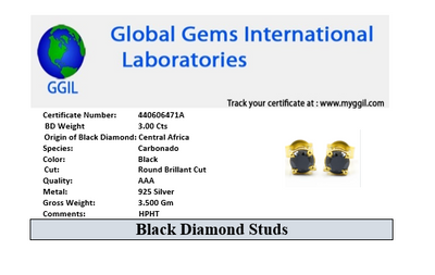 3 Ct AAA Certified Black Diamond Studs in 925 Silver, Prong Style - ZeeDiamonds