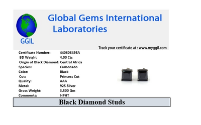 4 Carats Certified Princess Cut Black Diamond Studs Earrings - ZeeDiamonds