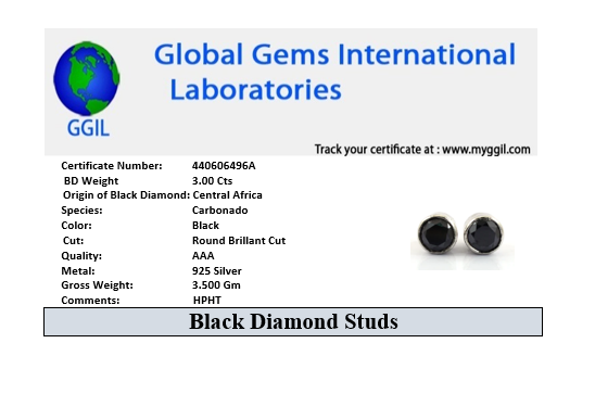 3.00 Ct AAA Certified Black Diamond Solitaire Studs - ZeeDiamonds