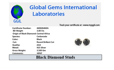 3 Ct AAA Certified Black Diamond Studs in 925 Silver, Prong Setting - ZeeDiamonds
