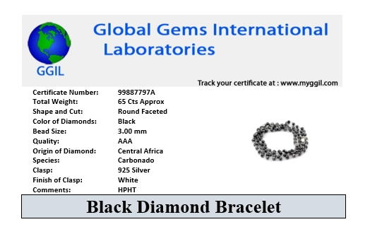 3 mm 65 Carat Black Diamond Beads Silver Wire Bracelet In 36 Inches, Great Shine - ZeeDiamonds