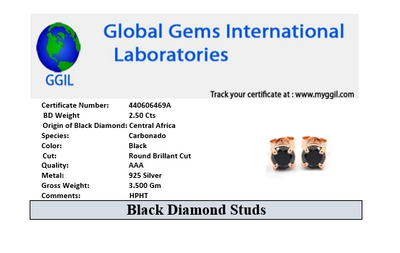 2.50 Ct AAA Certified Black Diamond Studs in 925 Silver, Great Luster - ZeeDiamonds