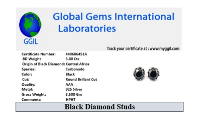 3 Ct AAA Certified Black Diamond Solitaire Studs in Black Gold Finish - ZeeDiamonds