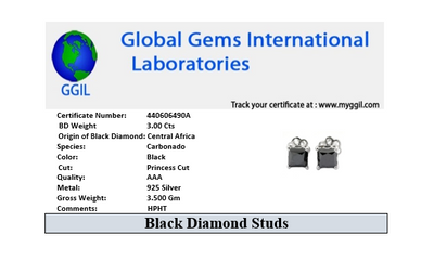 3 Ct AAA Certified Black Diamond Solitaire Studs in Sterling Silver - ZeeDiamonds