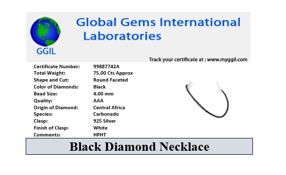 Certified 4 mm Black Diamond Beaded Necklace in 925 Silver Clasp with White Finish. 18 Inches, Free Black Diamond Studs! - ZeeDiamonds