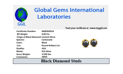 4 Ct AAA Certified Black Diamond Solitaire Studs in 925 Silver - ZeeDiamonds