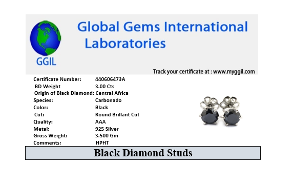 3 Carat Round Brilliant Cut Black Diamond Solitaire Studs, Great Luster - ZeeDiamonds