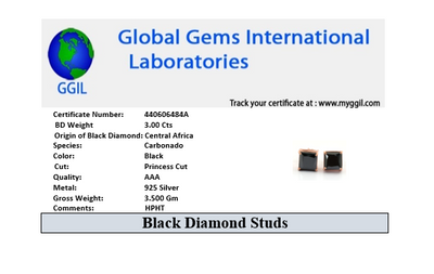 3 Ct AAA Certified Princess Cut Black Diamond Solitaire Studs in 925 Silver - ZeeDiamonds