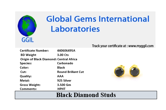 3 Ct AAA Certified Round Shape Black Diamond Solitaire Studs - ZeeDiamonds