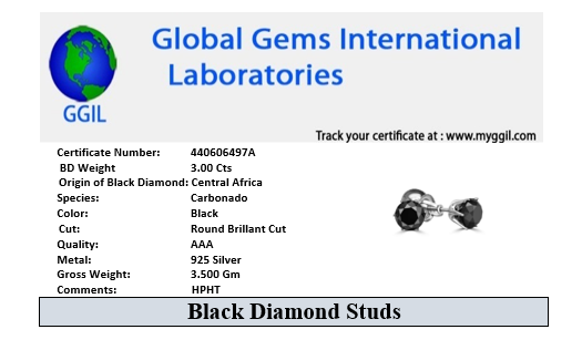 3.00 Ct AAA Certified Black Diamond Solitaire Studs in 925 Silver - ZeeDiamonds