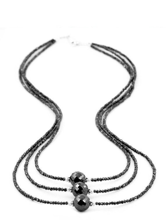 Elegant Three Row 3mm Black Diamond Beads Necklace With 8mm Diamond Beads,Birthday Gift,Anniversary Gift,Wedding Gift - ZeeDiamonds