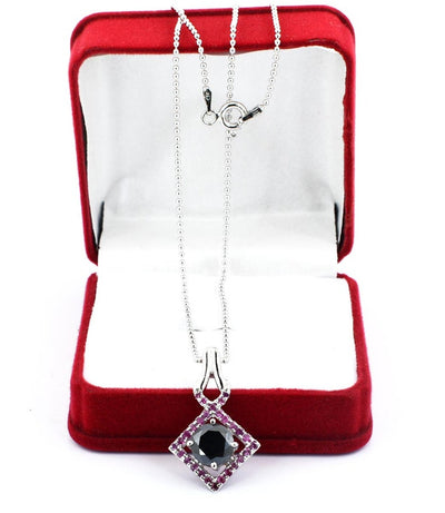 4 Ct Round Black Diamond Designer Pendant with Ruby Gemstone Accents - ZeeDiamonds