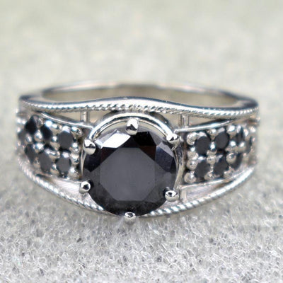 2 Ct Round Black Diamond Solitaire Ring with Black Diamond Accents - ZeeDiamonds