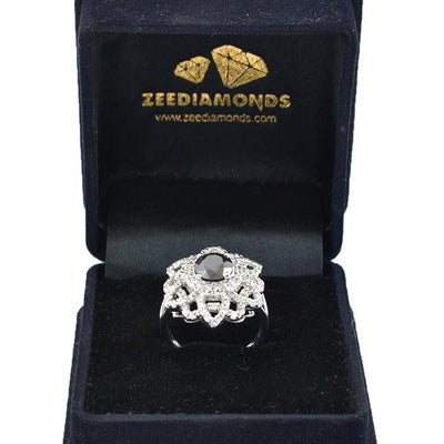 1 Ct Black Diamond Ring In Floral Design With White Diamond Accents - ZeeDiamonds