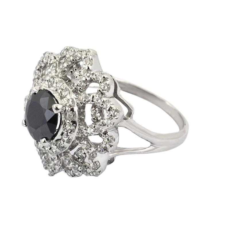 1 Ct Black Diamond Ring In Floral Design With White Diamond Accents - ZeeDiamonds