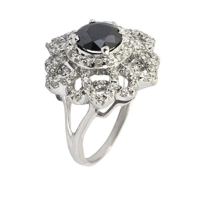 1 Ct Black Diamond Ring In Floral Design With White Diamond Accents - ZeeDiamonds