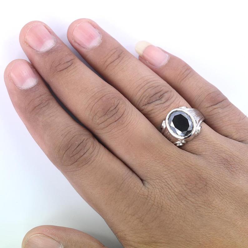 5-7 Carat Certified Oval Cut Black Diamond Solitaire Designer Silver Ring - ZeeDiamonds