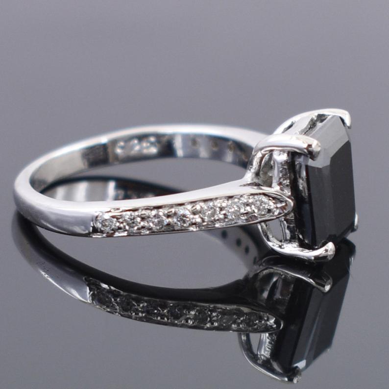 6 Ct Radiant Cut Black Diamond Ring with White Diamond Accents - ZeeDiamonds