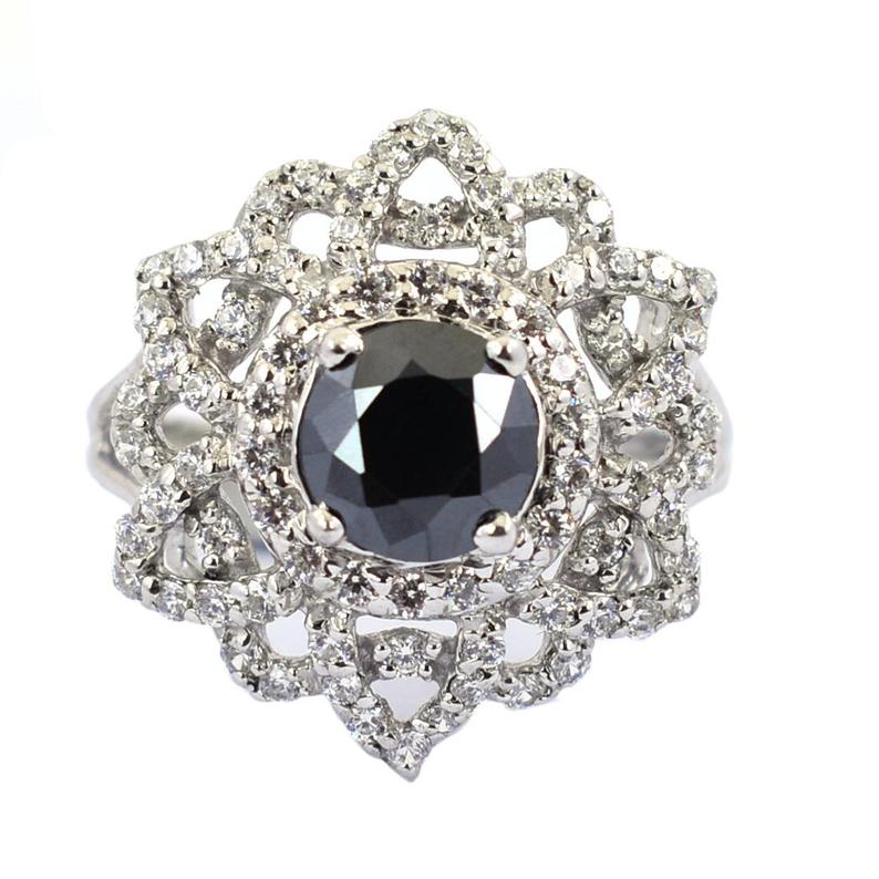 1 Ct Black Diamond Ring In Floral Design With White Diamond Accents - ZeeDiamonds