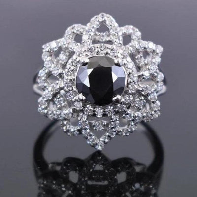 1 Ct Black Diamond Ring In Floral Design With White Diamond Accents - ZeeDiamonds