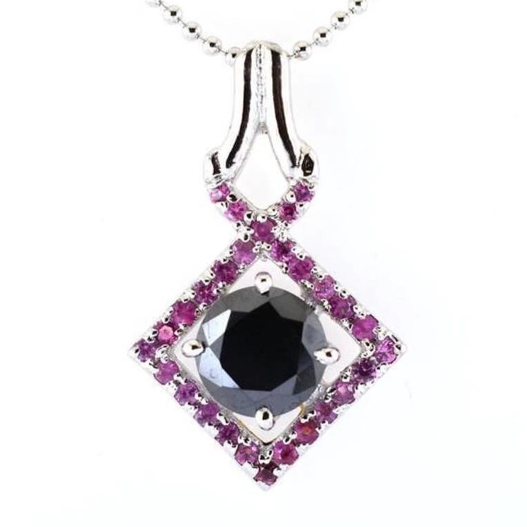 4 Ct Round Black Diamond Designer Pendant with Ruby Gemstone Accents - ZeeDiamonds