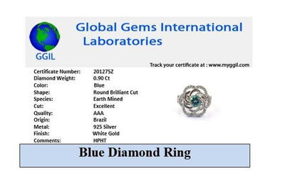 0.90 Ct Blue Diamond Solitaire Ring In Round Brilliant Cut, AAA Quality, Great Shine & Luster ! Watch Video - ZeeDiamonds