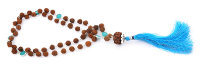 108 Beads Rudraksha & Turquoise Gemstone Connector Necklace - ZeeDiamonds