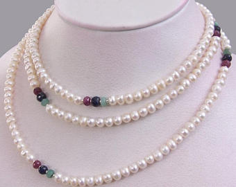 5 mm Pearl (Moti) & Ruby, Blue Sapphire Multi Gemstones  Long Necklace - ZeeDiamonds