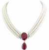 55 Ct Elegant Three Row Pearl (Moti) Necklace with Ruby Gemstone - ZeeDiamonds