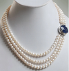 4 - 5 mm 100% Certified Pearl Gemstone 3 Strand Necklace with Blue Sapphire Clasp - ZeeDiamonds