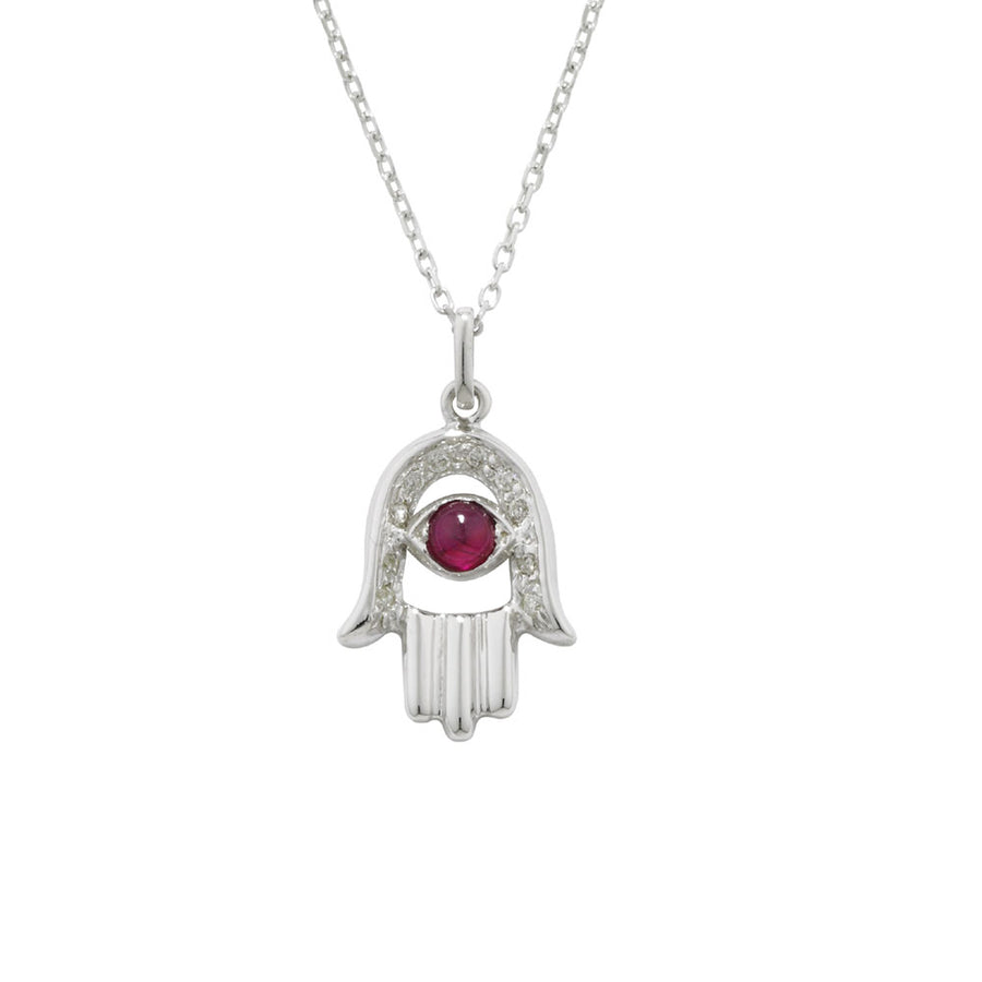 Hamsa Hand Madagascar Ruby Gemstone Pendant With White Diamond Accents - ZeeDiamonds