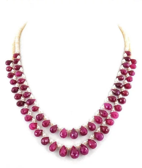Two Row African Ruby Gemstone Necklace With Pearls - ZeeDiamonds