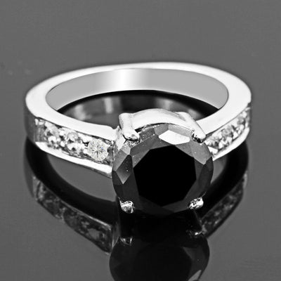 1.20 Ct Round Shape Black Diamond & White Diamond Accent Ring In 925 Silver - ZeeDiamonds