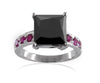 3.20 Ct Amazing Princess Cut Black Diamond With Ruby Accents Solitaire Ring, Elegant Shine & Great Luster