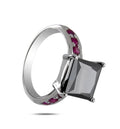 3.2 Carats Princess Cut Black Diamond With Ruby Accents Solitaire Ring - ZeeDiamonds