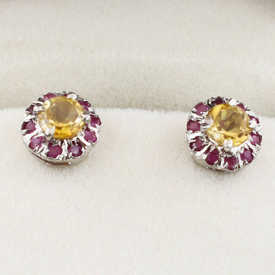 10 mm Yellow Citrine Gemstone with Ruby Accents Studs Earring In 925 Silver - ZeeDiamonds