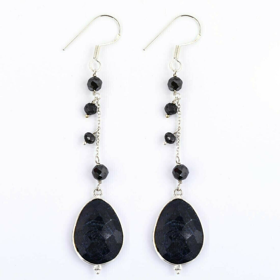 Blue Sapphire Gemstone with Black Diamond 925 Silver Dangler Earrings - ZeeDiamonds