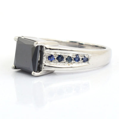 2.50 Ct Princess Cut Black Diamond Solitaire Ring With Sapphire Gemstone Accents - ZeeDiamonds