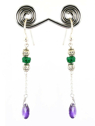 Amethyst & Emerald Gemstone Dangler Earrings In Silver - ZeeDiamonds