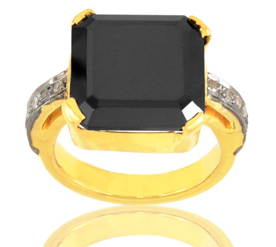 4.6 Ct Asscher Cut Black Diamond Ring with White Diamond Accents - ZeeDiamonds