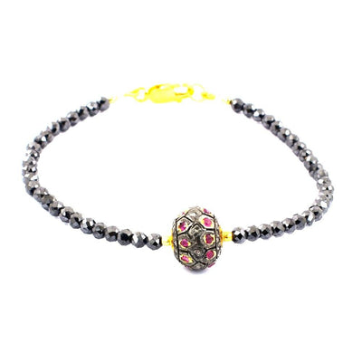 Black Diamond Beads With Ruby Pave Diamond Bead, Bracelet In Yellow Gold Clasp - ZeeDiamonds