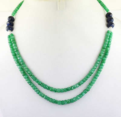 189 Cts 100% Certified Emerald Beads with Blue Sapphire Two Row Necklace, For Gift - ZeeDiamonds