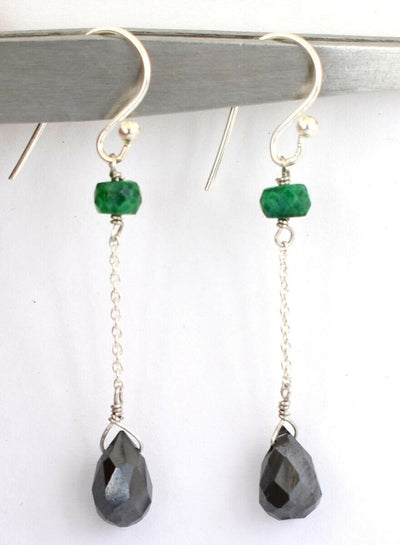 10.50 Cts Black Diamond with Emerald Stone Beads Dangler Earrings - ZeeDiamonds