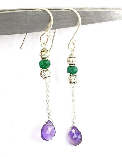Amethyst & Emerald Gemstone Dangler Earrings In Silver - ZeeDiamonds