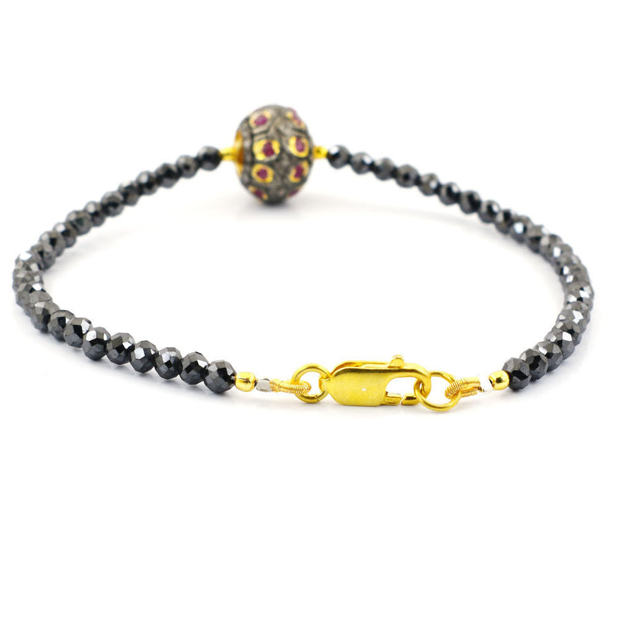 Black Diamond Beads With Ruby Pave Diamond Bead, Bracelet In Yellow Gold Clasp - ZeeDiamonds