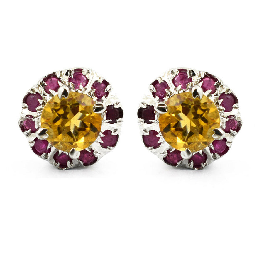 10 mm Yellow Citrine Gemstone with Ruby Accents Studs Earring In 925 Silver - ZeeDiamonds