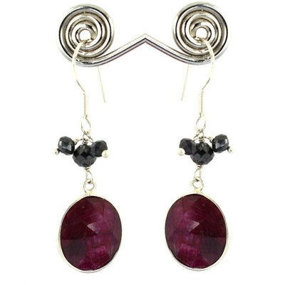 African Ruby Gemstone Dangler Earrings with Black Diamond 100% Certified - ZeeDiamonds