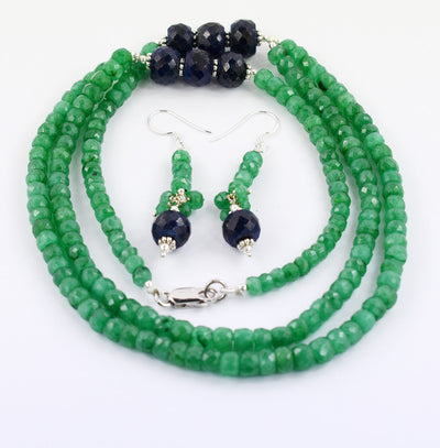 189 Cts 100% Certified Emerald Beads with Blue Sapphire Two Row Necklace, For Gift - ZeeDiamonds